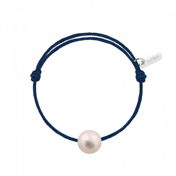 Bracelet Claverin Baby Pearly sur cordon bleu marine et perle blanche, taille enfant
